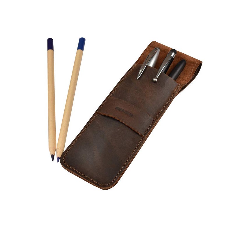Hide & Drink, Pen Case Holder, Multi Pen Pouch, Protective Sleeve, Rustic Pouch, Office Essentials, Full Grain Leather, Handmade, Bourbon Brown - Image 1